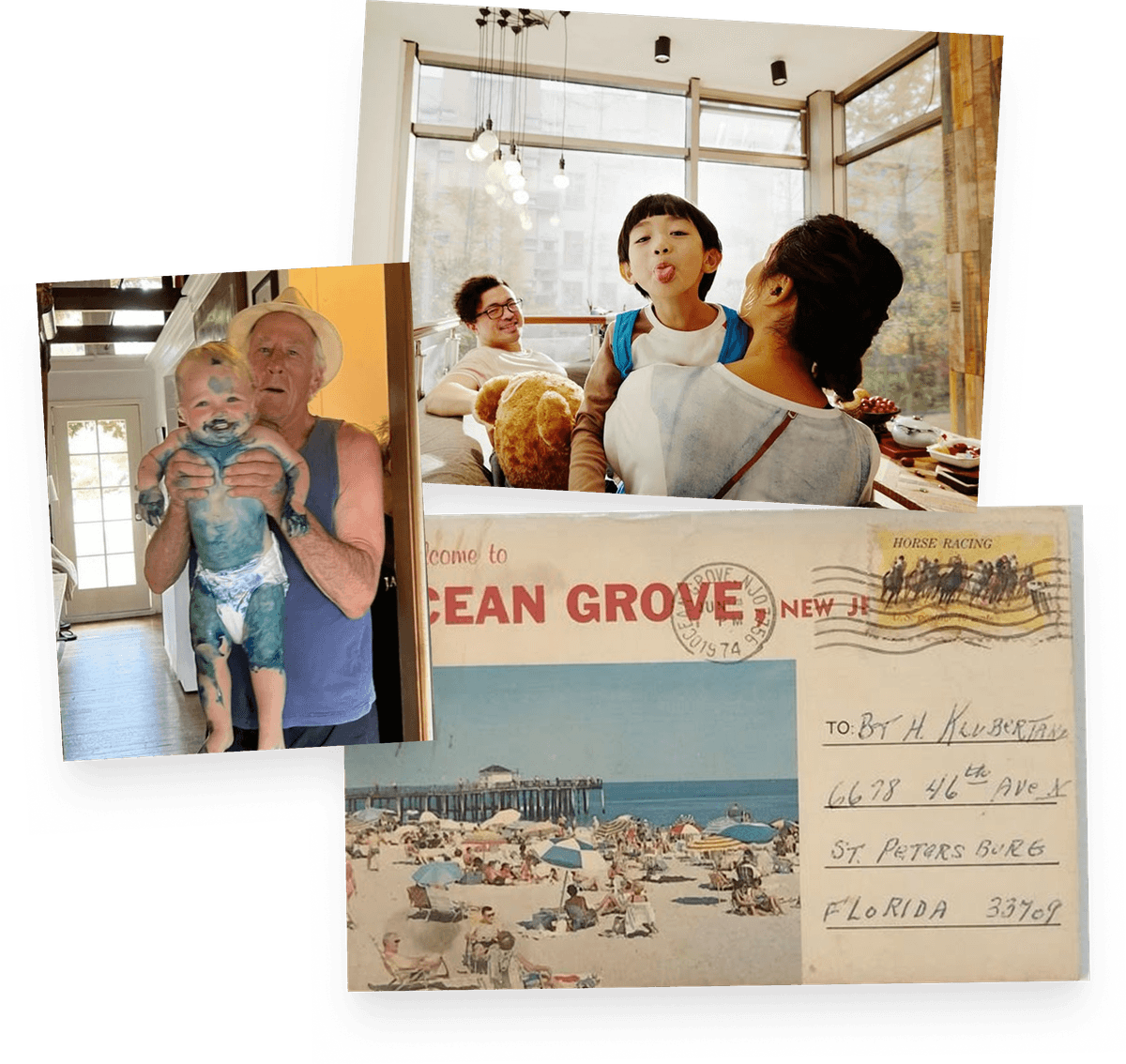 Collage of family memories including a grandfather with a child, a family at home, and a vintage postcard