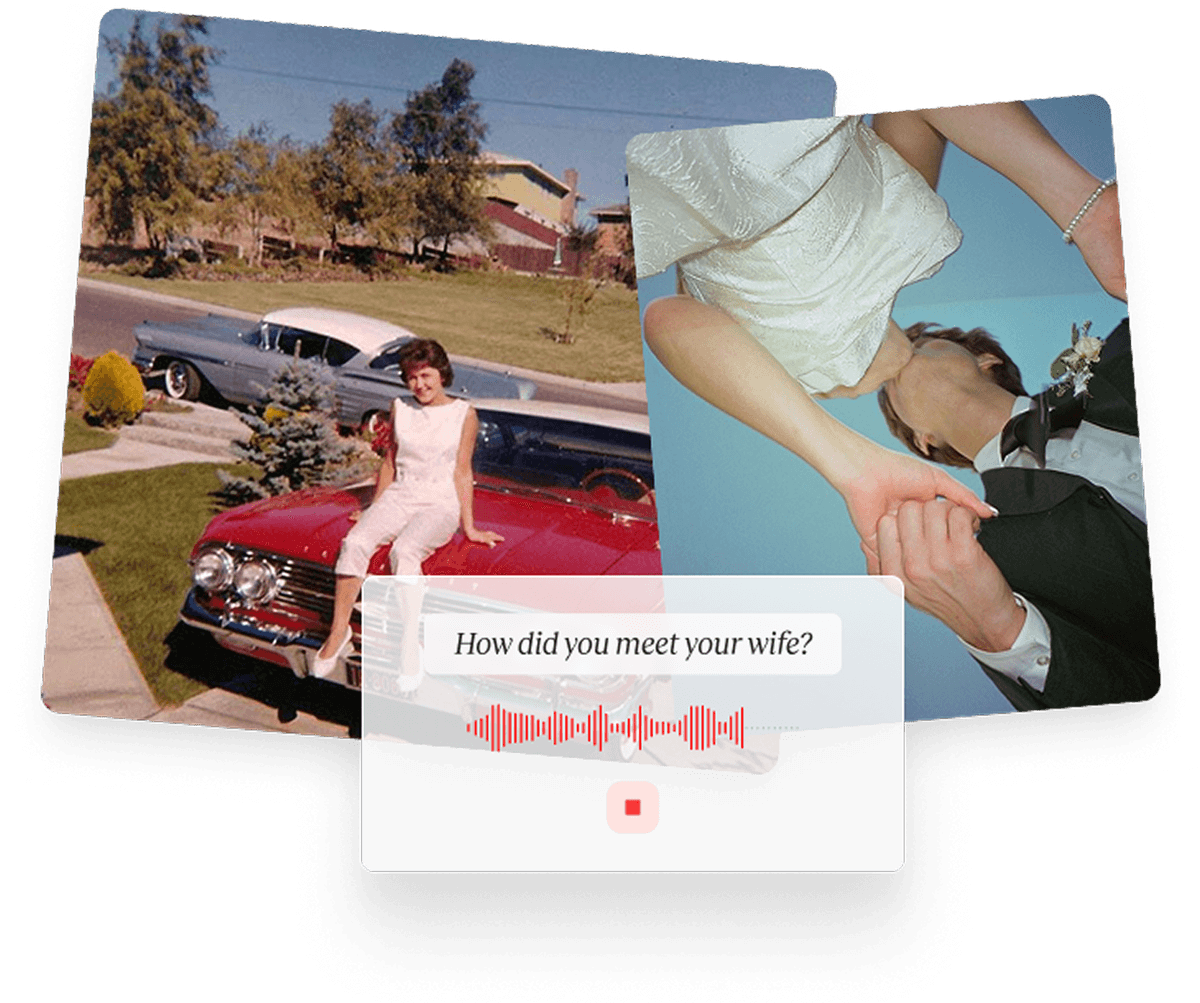 Autograph app showing vintage photos with 'How did you meet your wife?' prompt